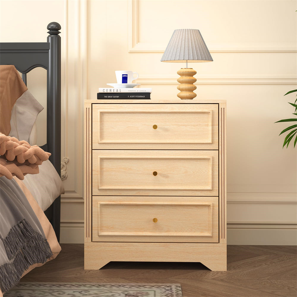 23-inch Wide 3-Drawer Nightstand Wooden End Table Small Dresser with Carved Sides 23-inch Wide 3-Drawer Nightstand Wooden End Table Small Dresser with Carved Sides