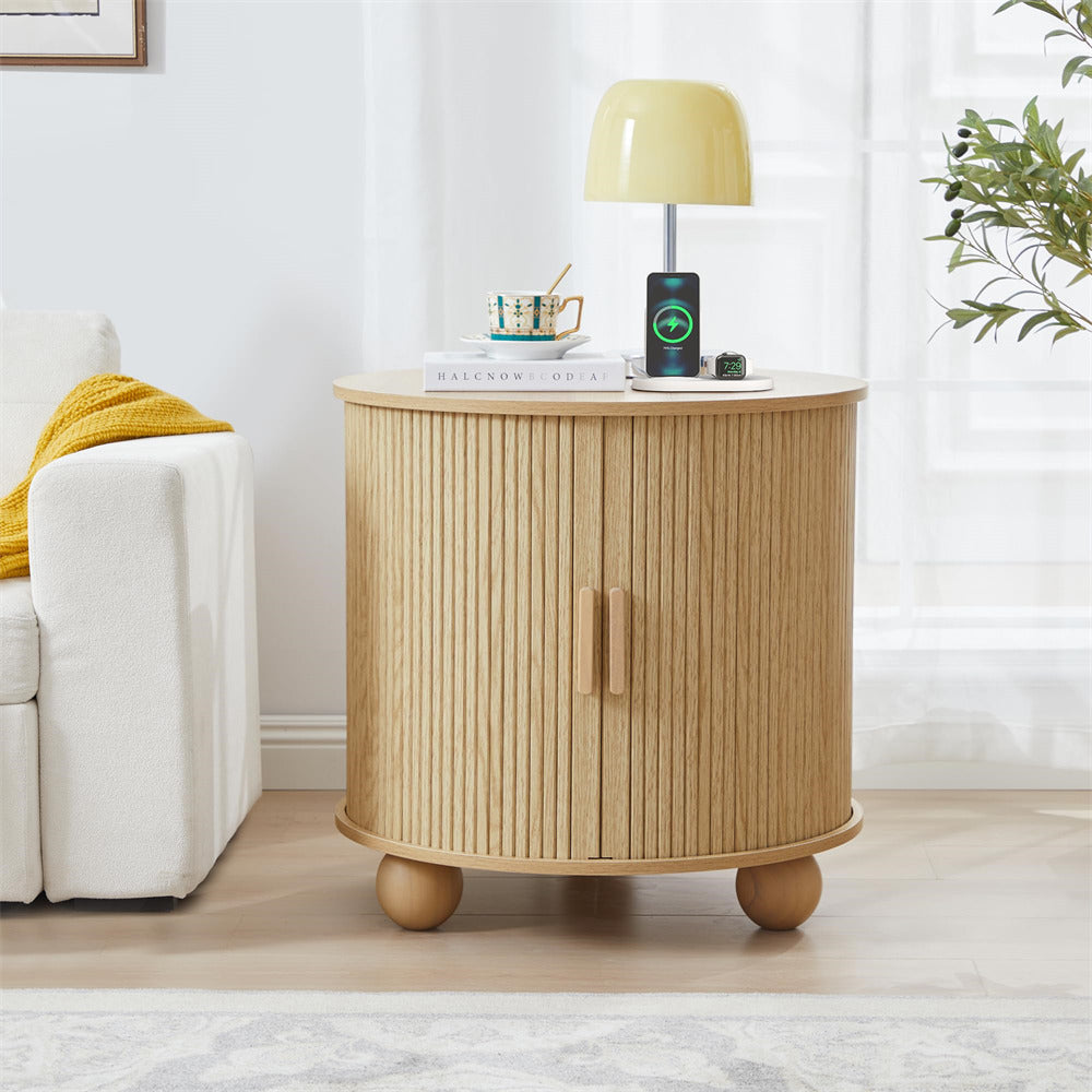 Wooden side table with lamp and phone in a living room setting
