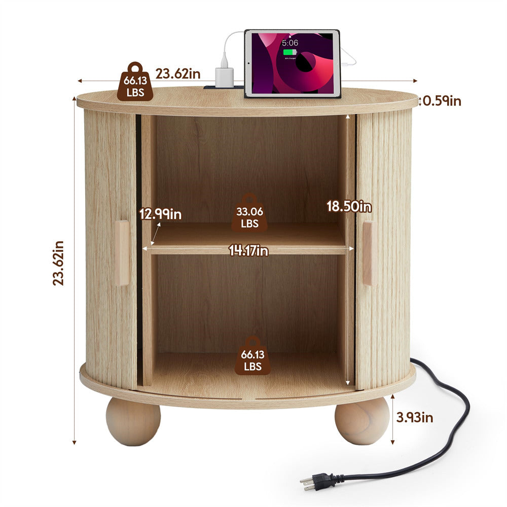 Wooden side table with dimensions and weight indicators on a white background