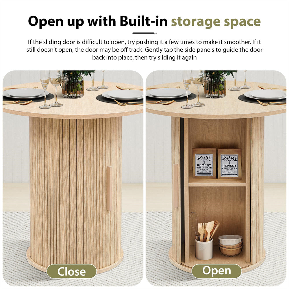 Wooden dining table with sliding door design, open to reveal storage space.