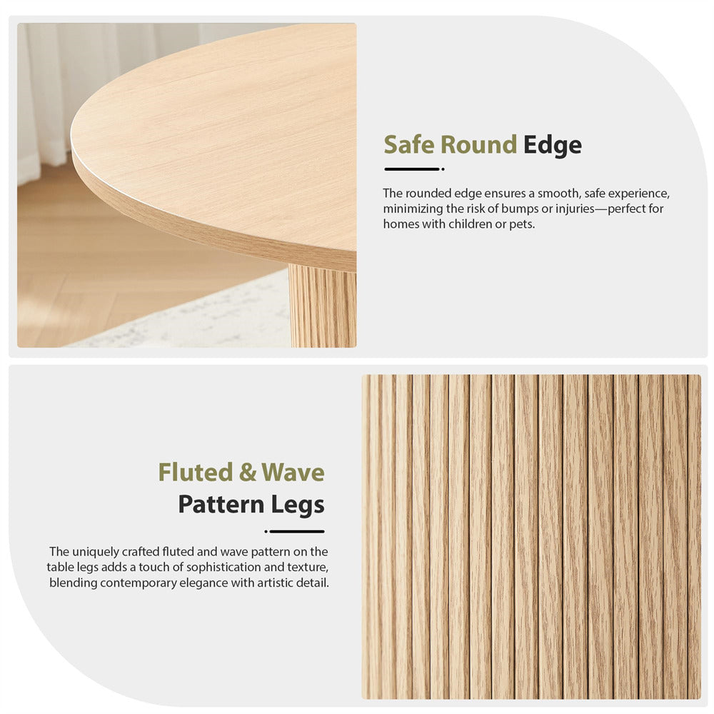 Wooden table with rounded edge and fluted wave pattern legs, featuring text on safety and design.