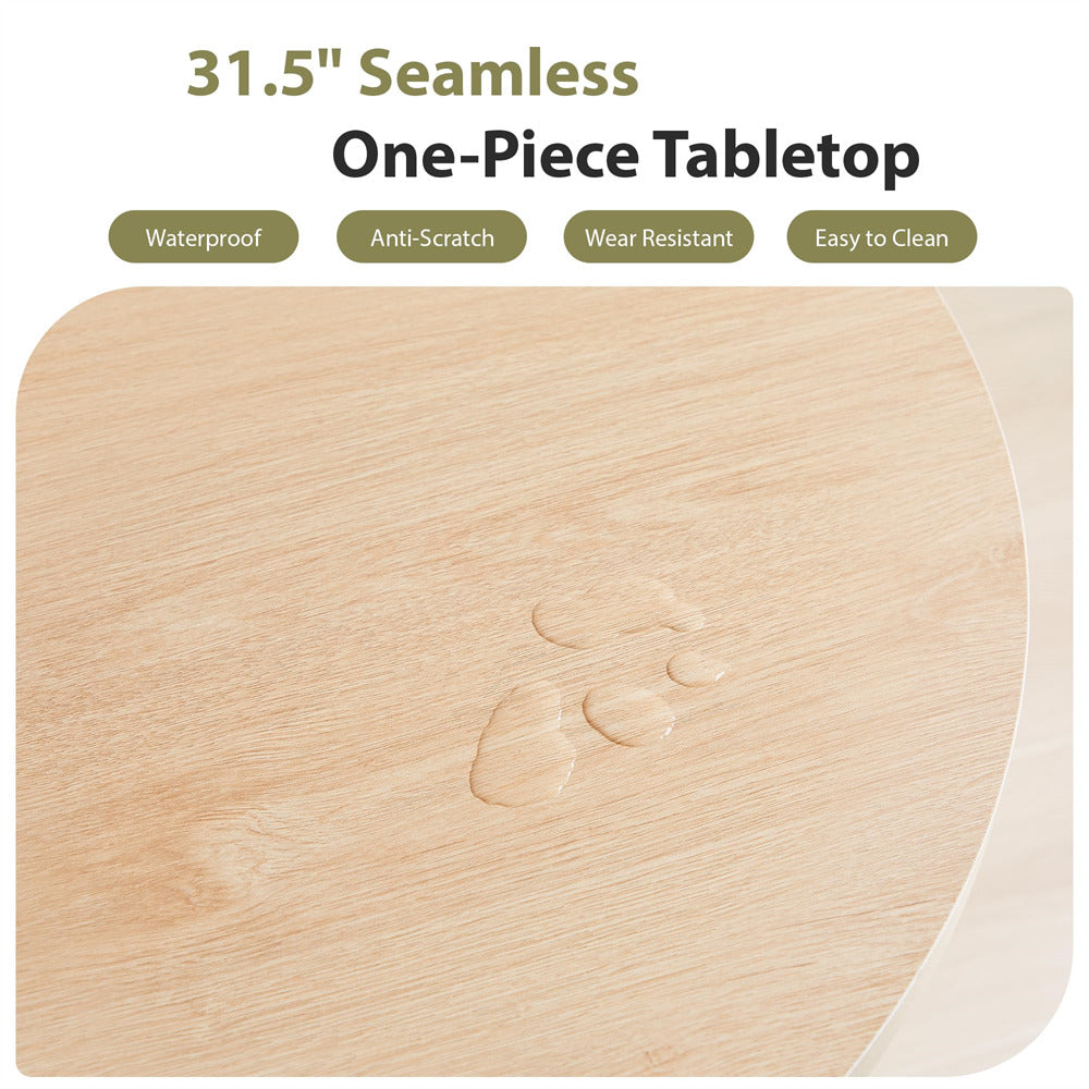 Wooden tabletop with text highlighting features on a white background