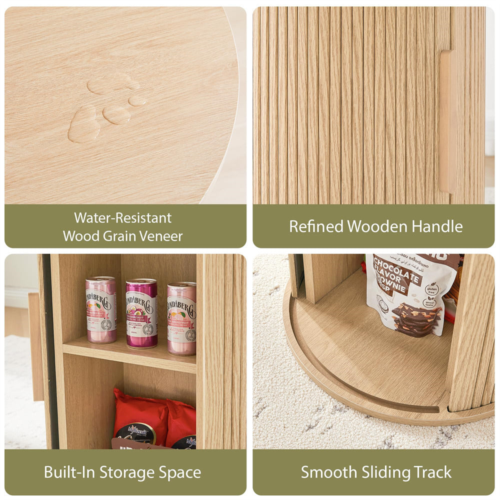 Wooden storage unit with water-resistant wood grain veneer, refined wooden handle, built-in storage space, and smooth sliding track.