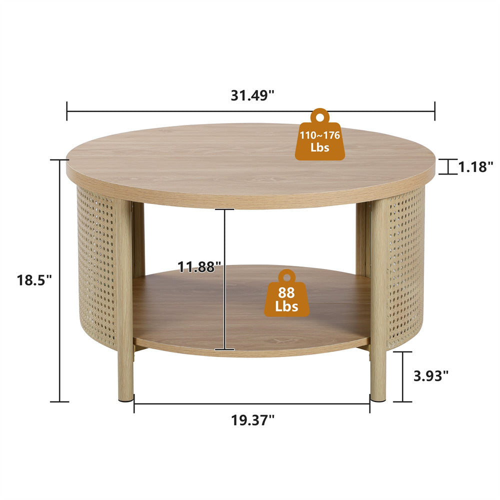 Round wooden coffee table with dimensions and weight indicators on a white background
