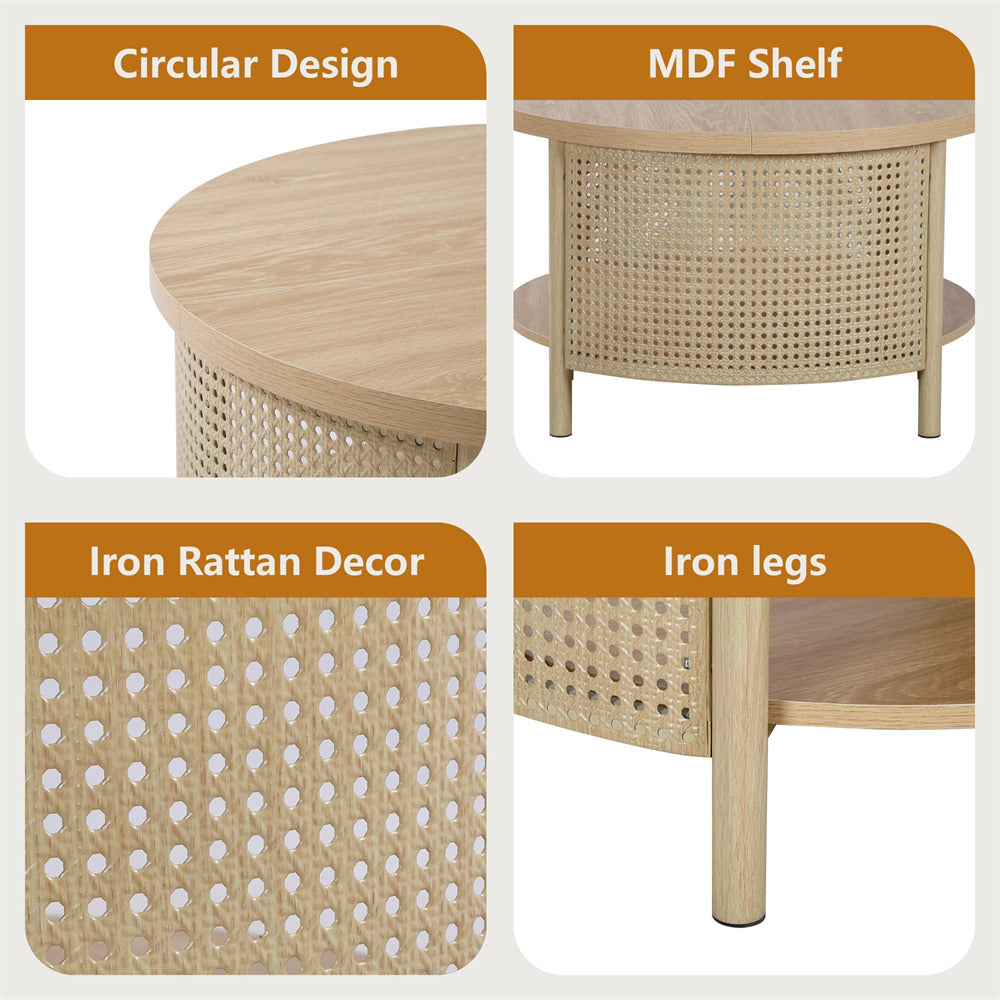 Collage of a wooden table with rattan decor and legs, highlighting circular design, MDF shelf, iron rattan decor, and iron legs.