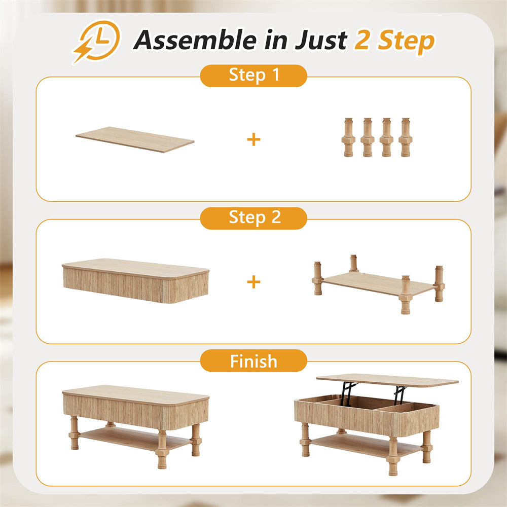 Step-by-step assembly guide for a wooden coffee table with lift-top feature.