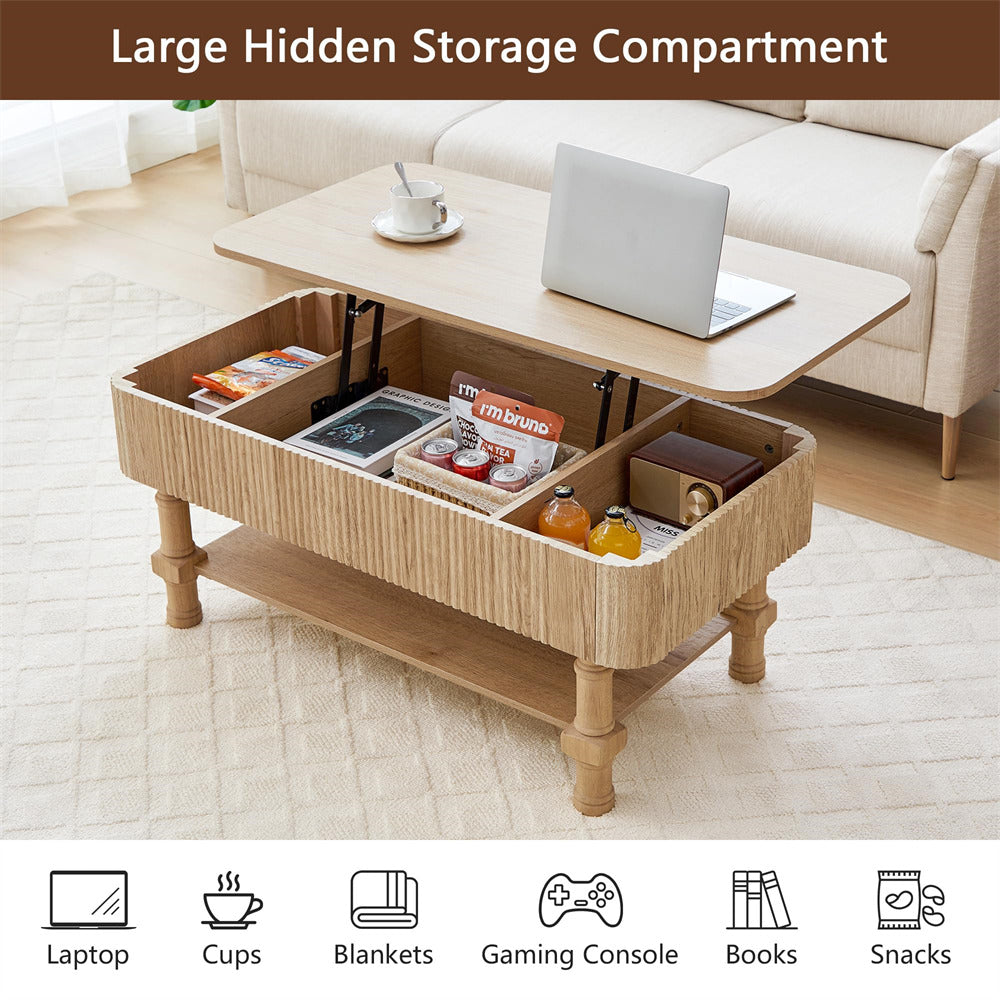 Wooden coffee table with hidden storage compartment in a living room setting.
