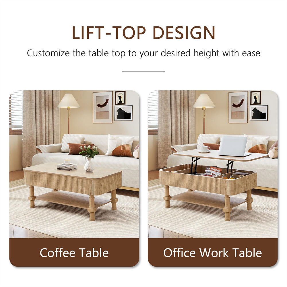 Coffee table and office work table with lift-top design in a living room setting.