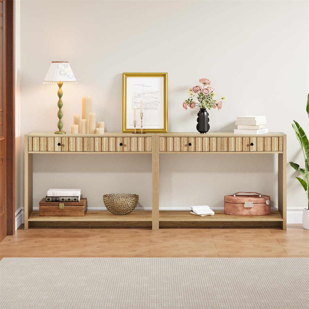 Natural 43.3" Mid Century Entryway Sofa Console Table with Fluted Drawers and Storage