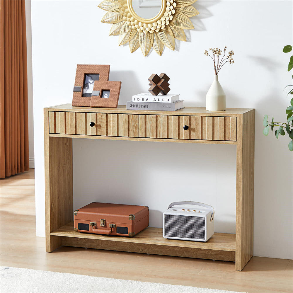 Natural 43.3" Mid Century Entryway Sofa Console Table with Fluted Drawers and Storage