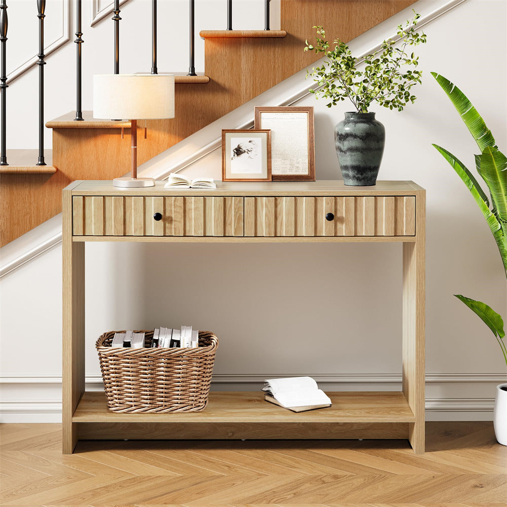Natural 43.3" Mid Century Entryway Sofa Console Table with Fluted Drawers and Storage