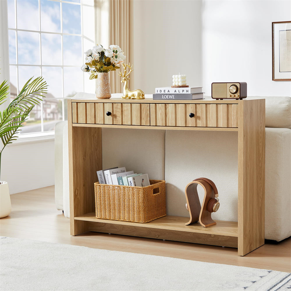 Natural 43.3" Mid Century Entryway Sofa Console Table with Fluted Drawers and Storage