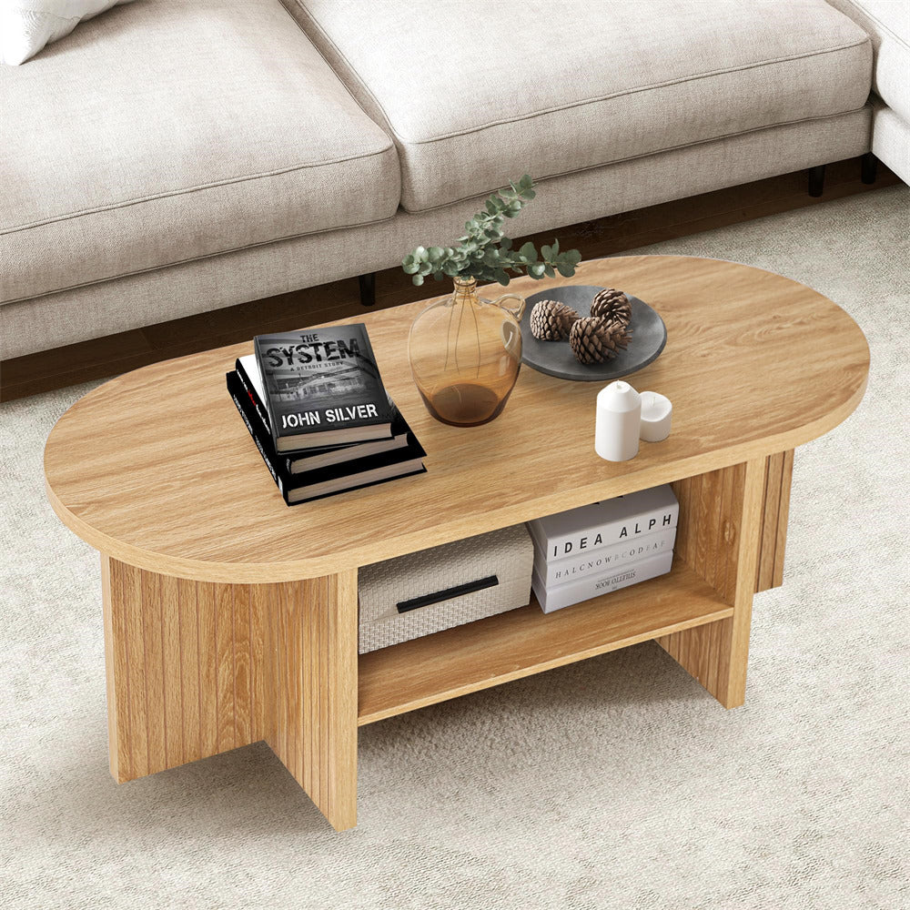 Natural 43.3" Wood Farmhouse Fluted Oval Coffee Table with Storage with Large Storage Shelf