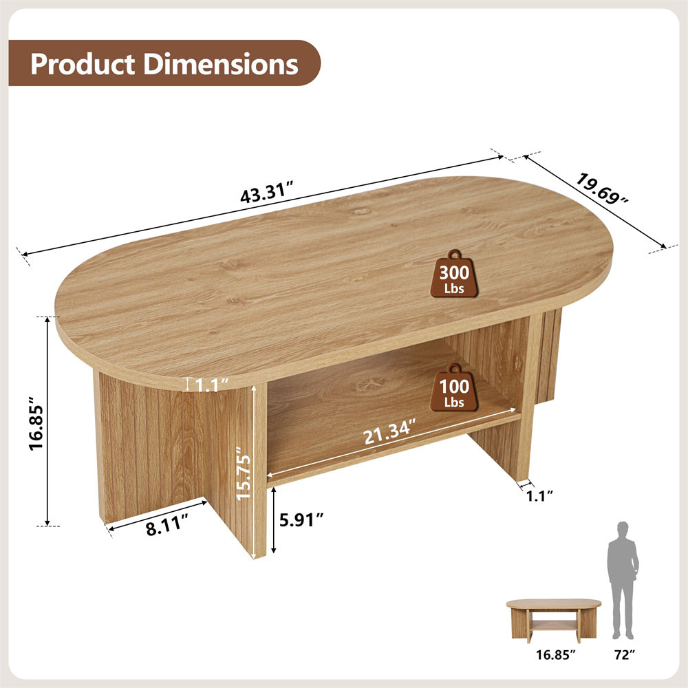 Natural 43.3" Wood Farmhouse Fluted Oval Coffee Table with Storage with Large Storage Shelf