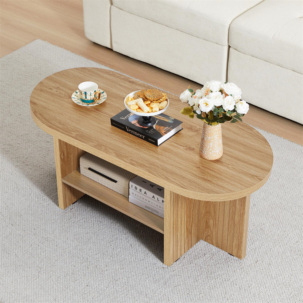 Natural 43.3" Wood Farmhouse Fluted Oval Coffee Table with Storage with Large Storage Shelf