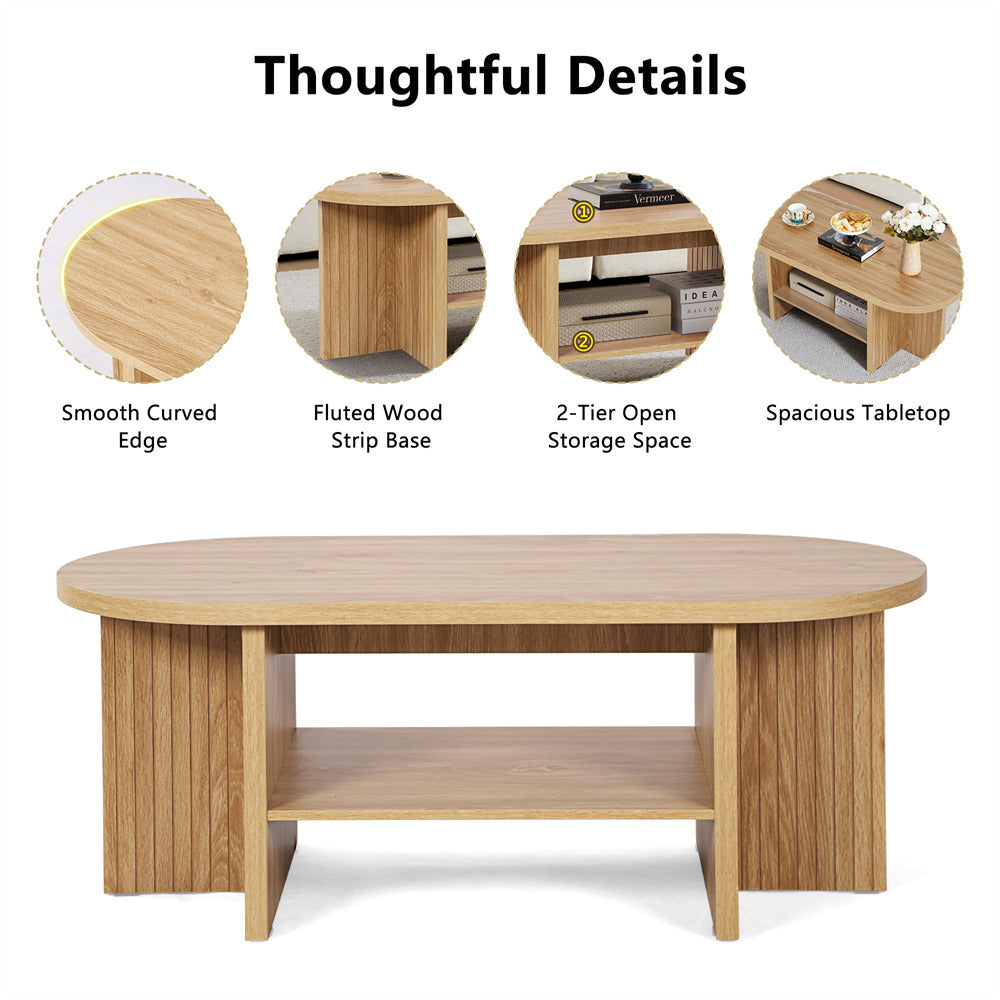 Natural 43.3" Wood Farmhouse Fluted Oval Coffee Table with Storage with Large Storage Shelf