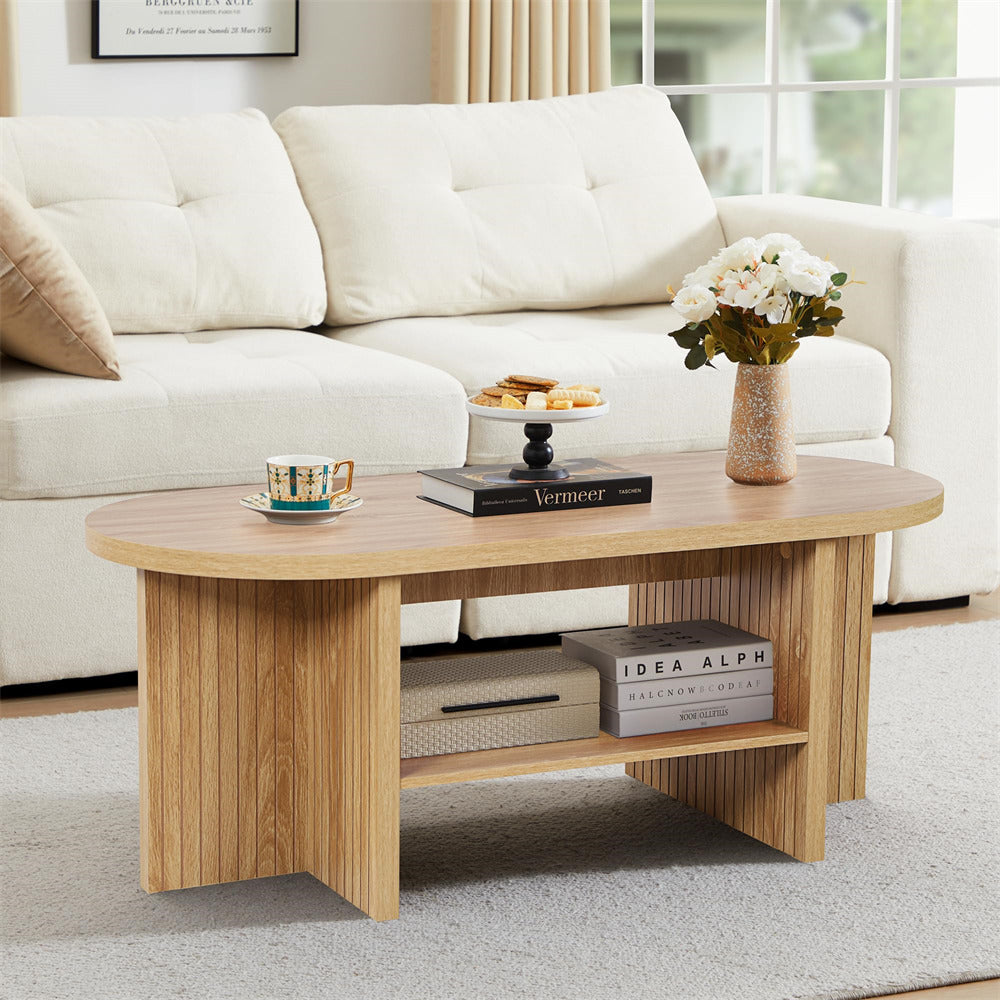 Natural 43.3" Wood Farmhouse Fluted Oval Coffee Table with Storage with Large Storage Shelf
