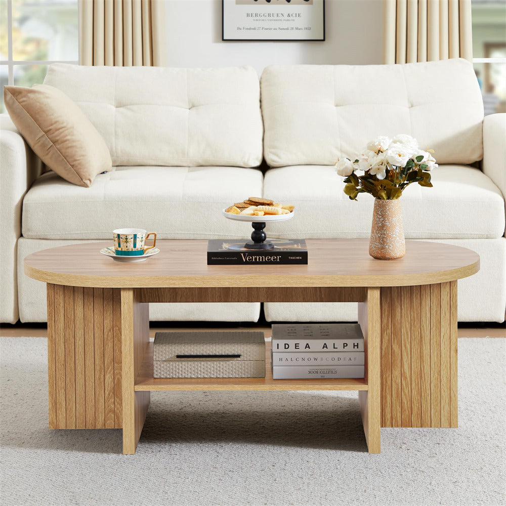 Natural 43.3" Wood Farmhouse Fluted Oval Coffee Table with Storage with Large Storage Shelf