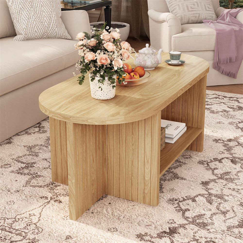 Natural 43.3" Wood Farmhouse Fluted Oval Coffee Table with Storage with Large Storage Shelf