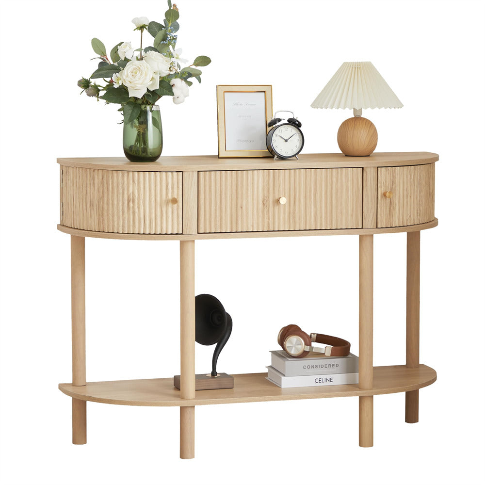 Natural 43.3“ Fluted Half Moon Modern Entryway Console Table with Storage