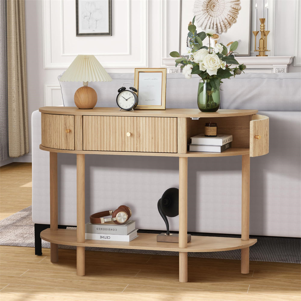 Natural 43.3“ Fluted Half Moon Modern Entryway Console Table with Storage