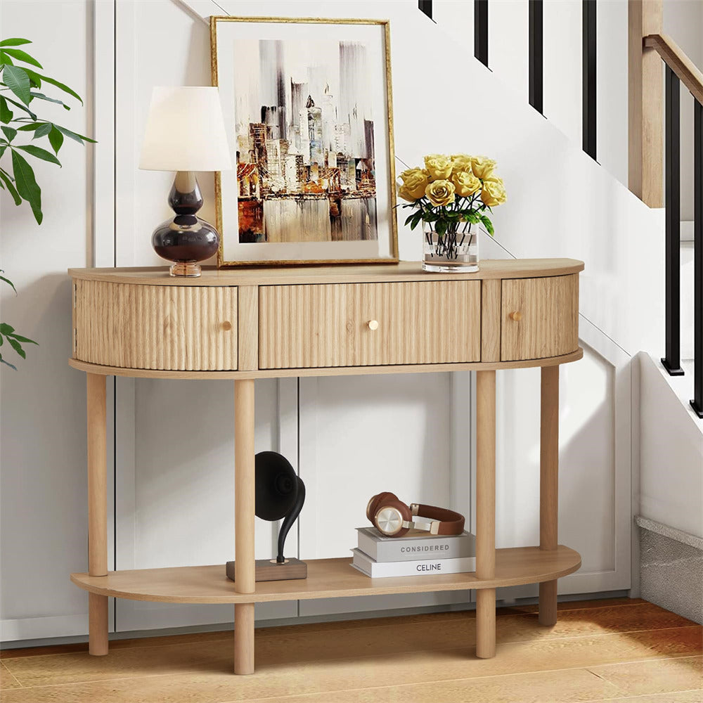 Natural 43.3“ Fluted Half Moon Modern Entryway Console Table with Storage
