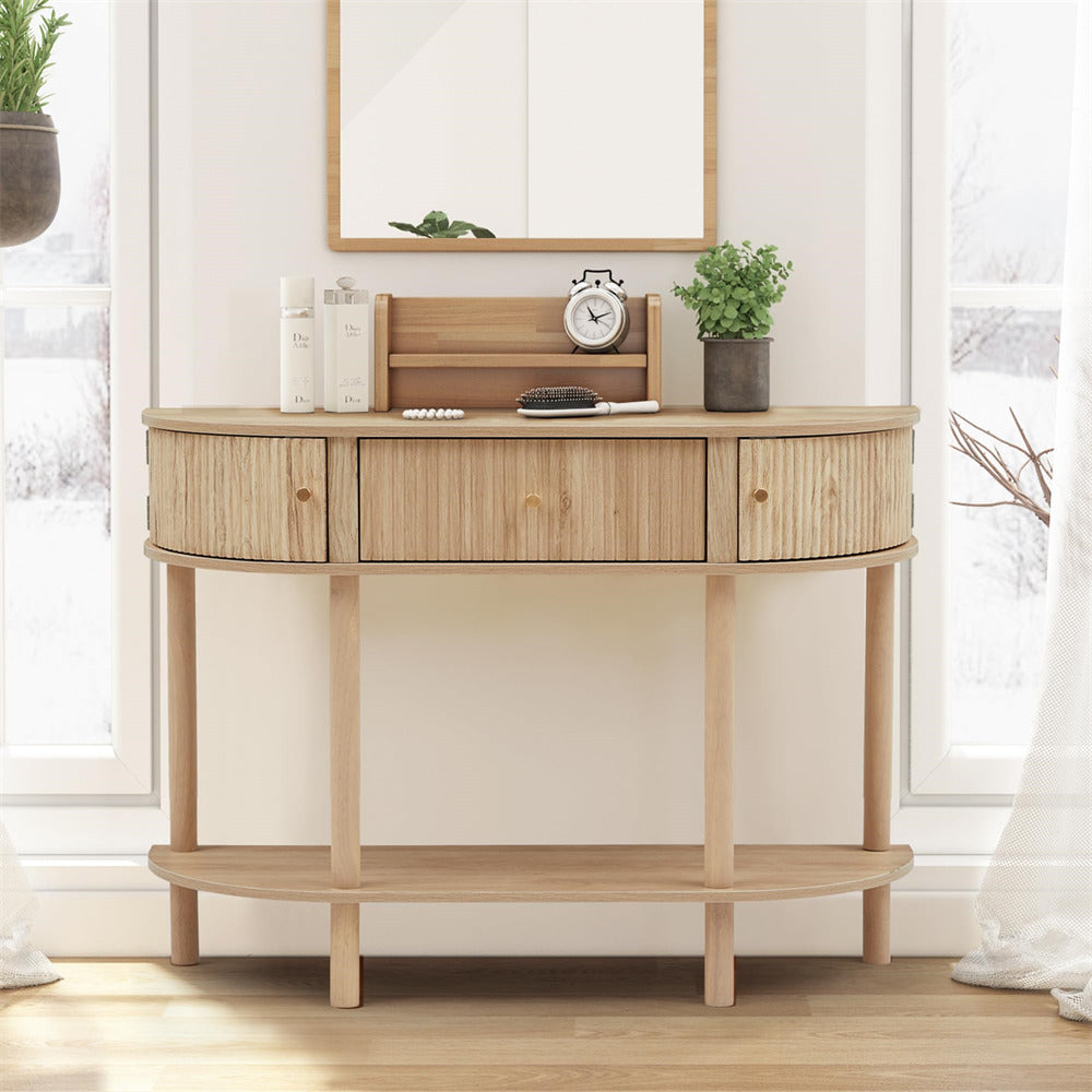 Natural 43.3“ Fluted Half Moon Modern Entryway Console Table with Storage