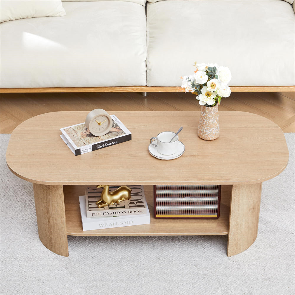 Wooden coffee table with decorative items in a living room setting