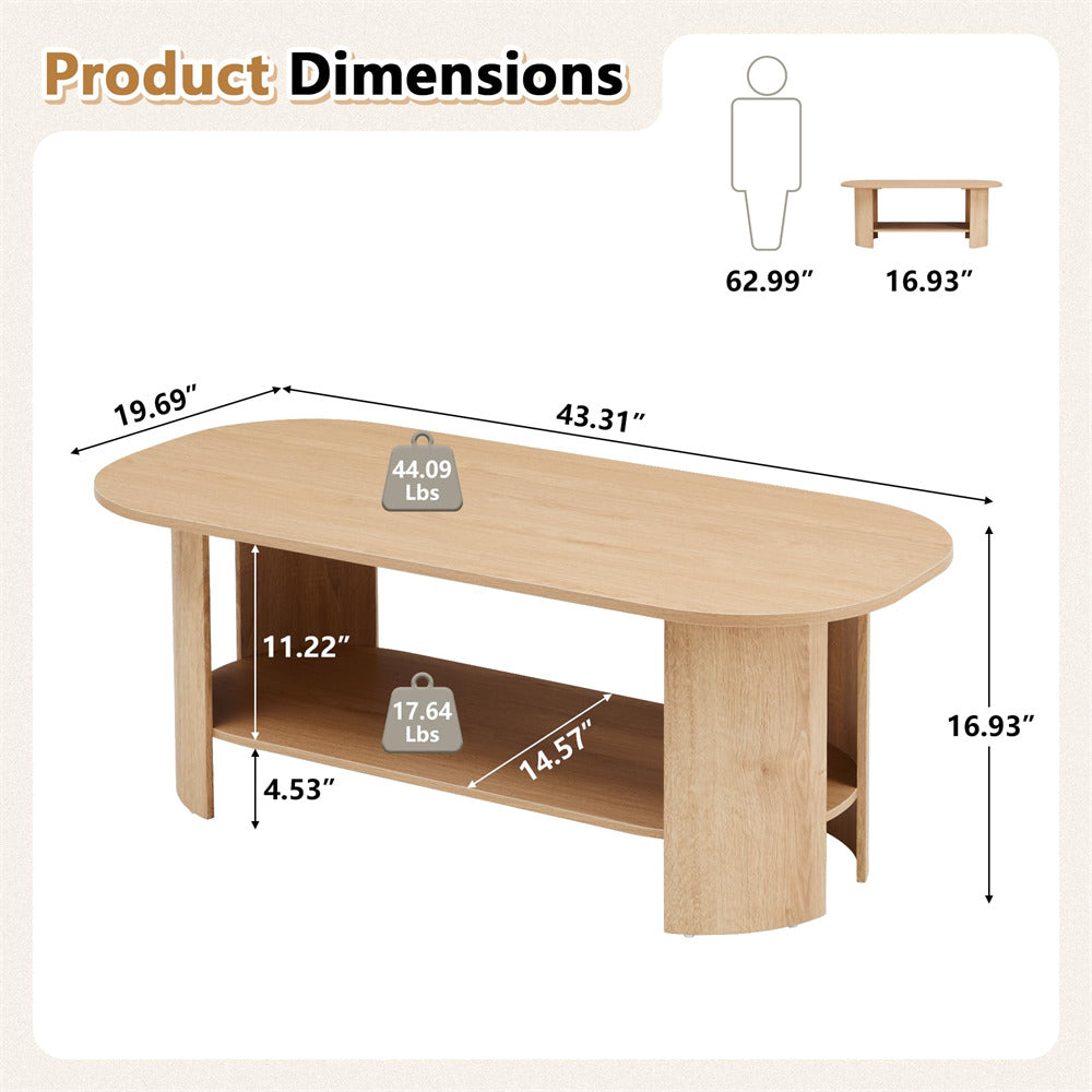 Wooden coffee table with dimensions and weight labels on a beige background
