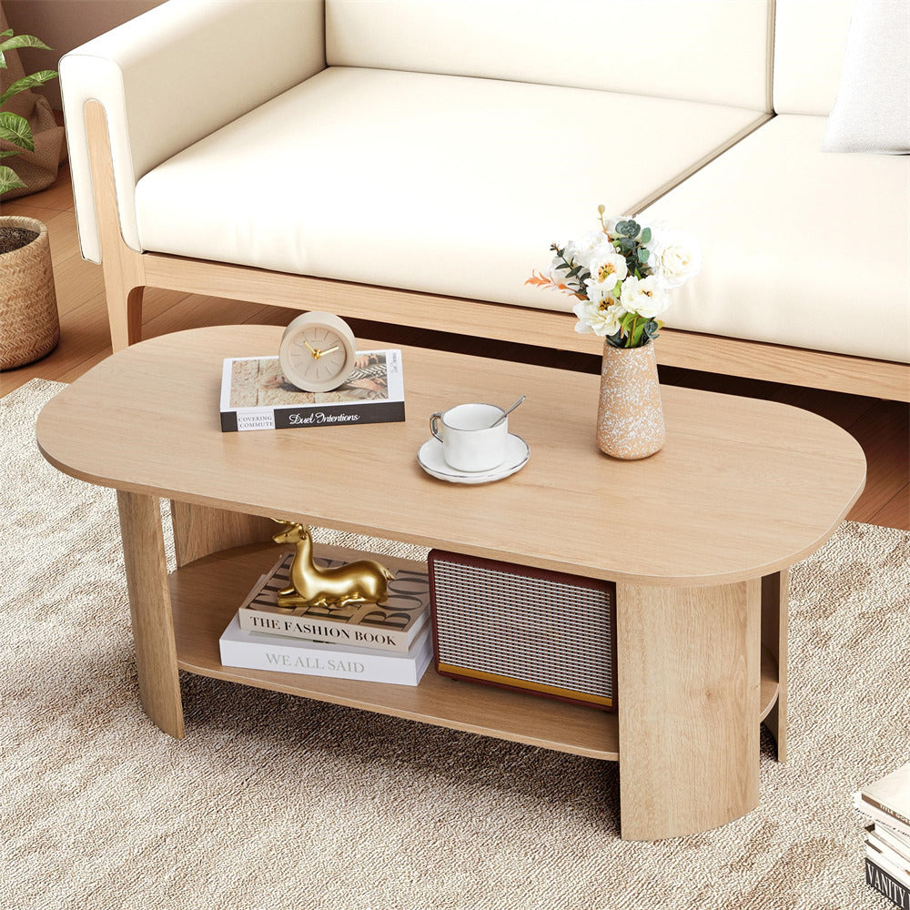 Wooden coffee table with decorative items in a living room setting