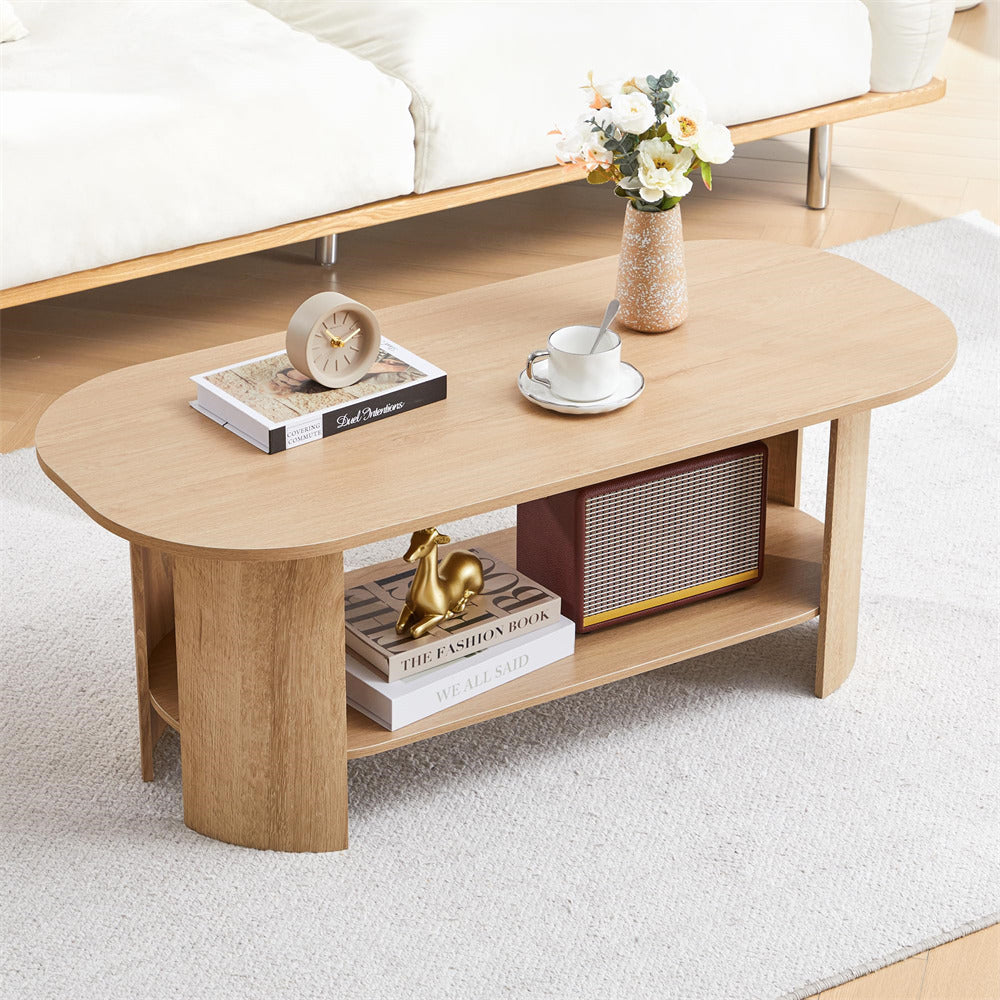 Wooden coffee table with decorative items in a living room setting
