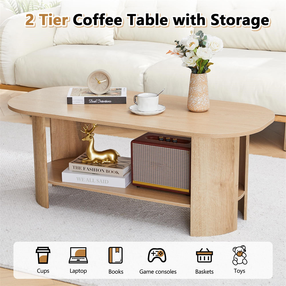 Two-tier coffee table with storage in a living room setting