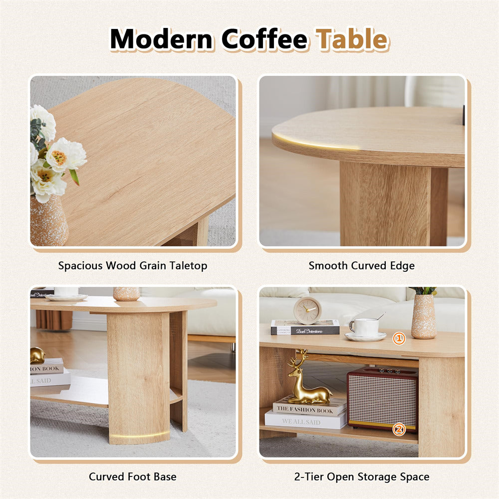 Modern coffee table with wood grain top, curved edge, and storage space.