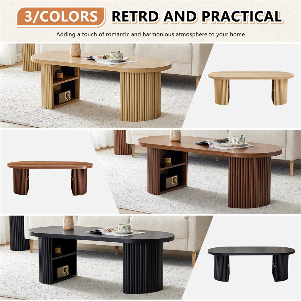 Collage of wooden coffee tables in different colors with text about their design and functionality.