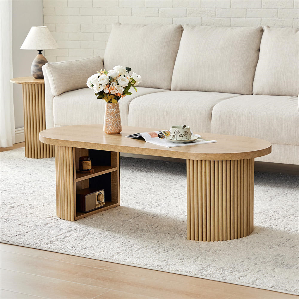 Wooden coffee table with decorative items in a living room setting