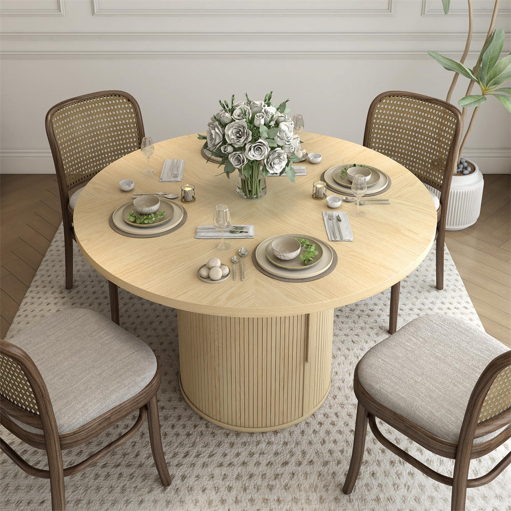 Natural 47 inch Round Kitchen Dining Table for 4 with 2-Layer Storage Shelf and Wood Slide Door