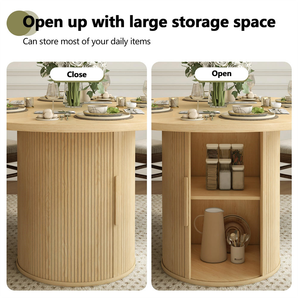 Natural 47 inch Round Kitchen Dining Table for 4 with 2-Layer Storage Shelf and Wood Slide Door