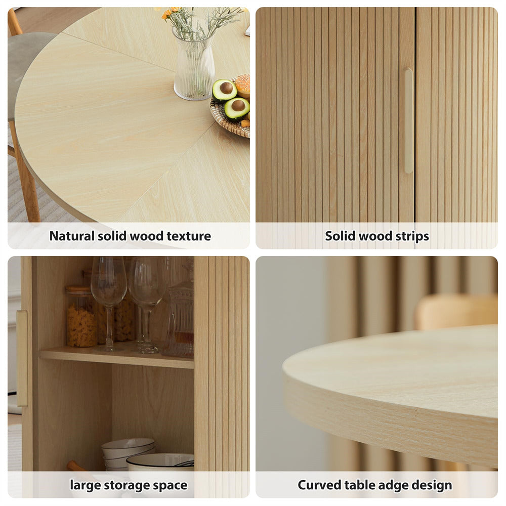 Natural 47 inch Round Kitchen Dining Table for 4 with 2-Layer Storage Shelf and Wood Slide Door