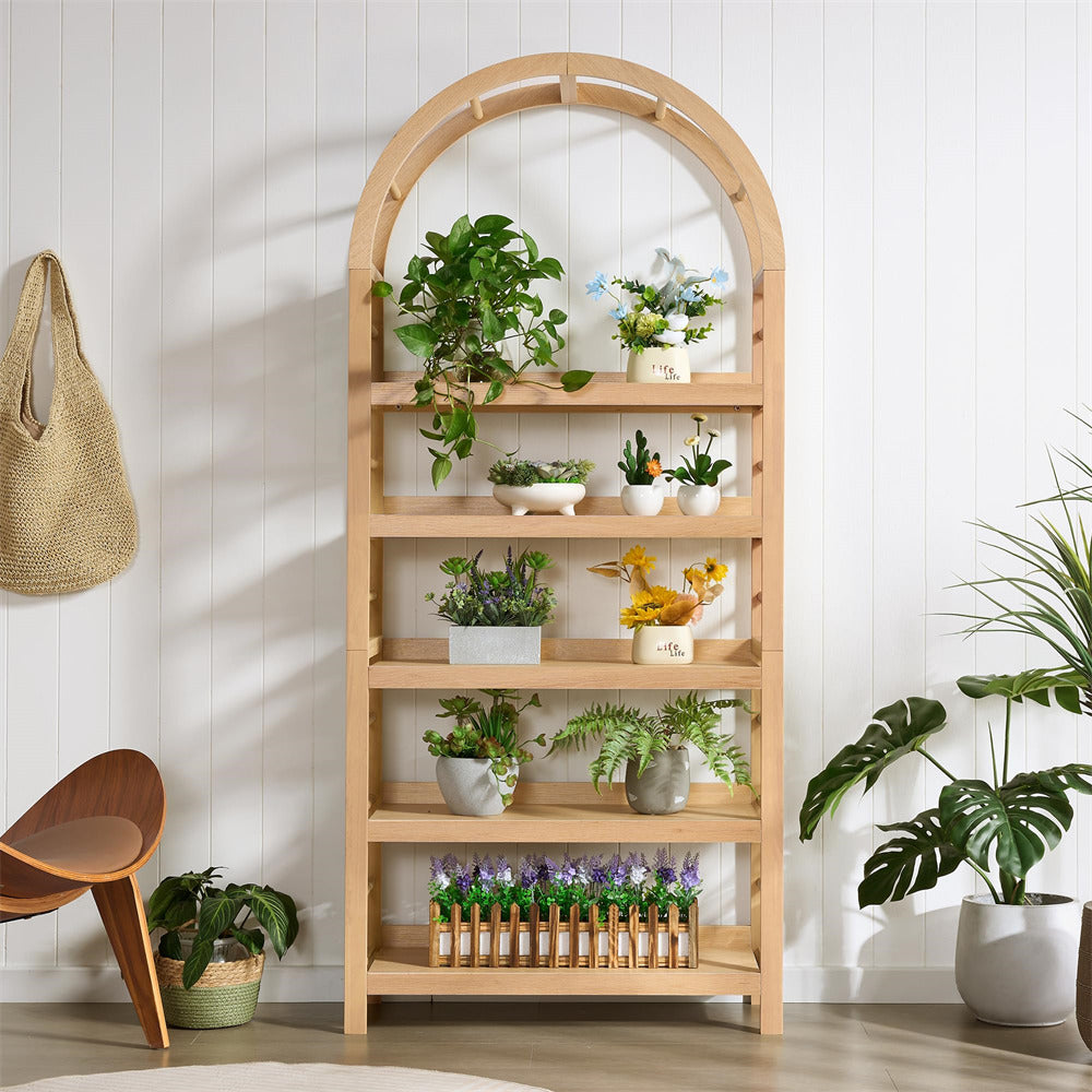 Natural 5-Tier Modern Arched Wood Open Bookshelf Home Office Storage Display Rack