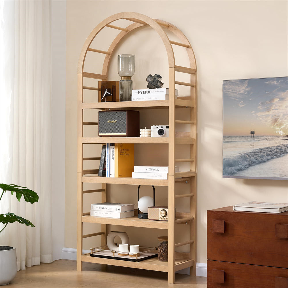 Wooden arch-shaped bookshelf with decorative items in a room setting.