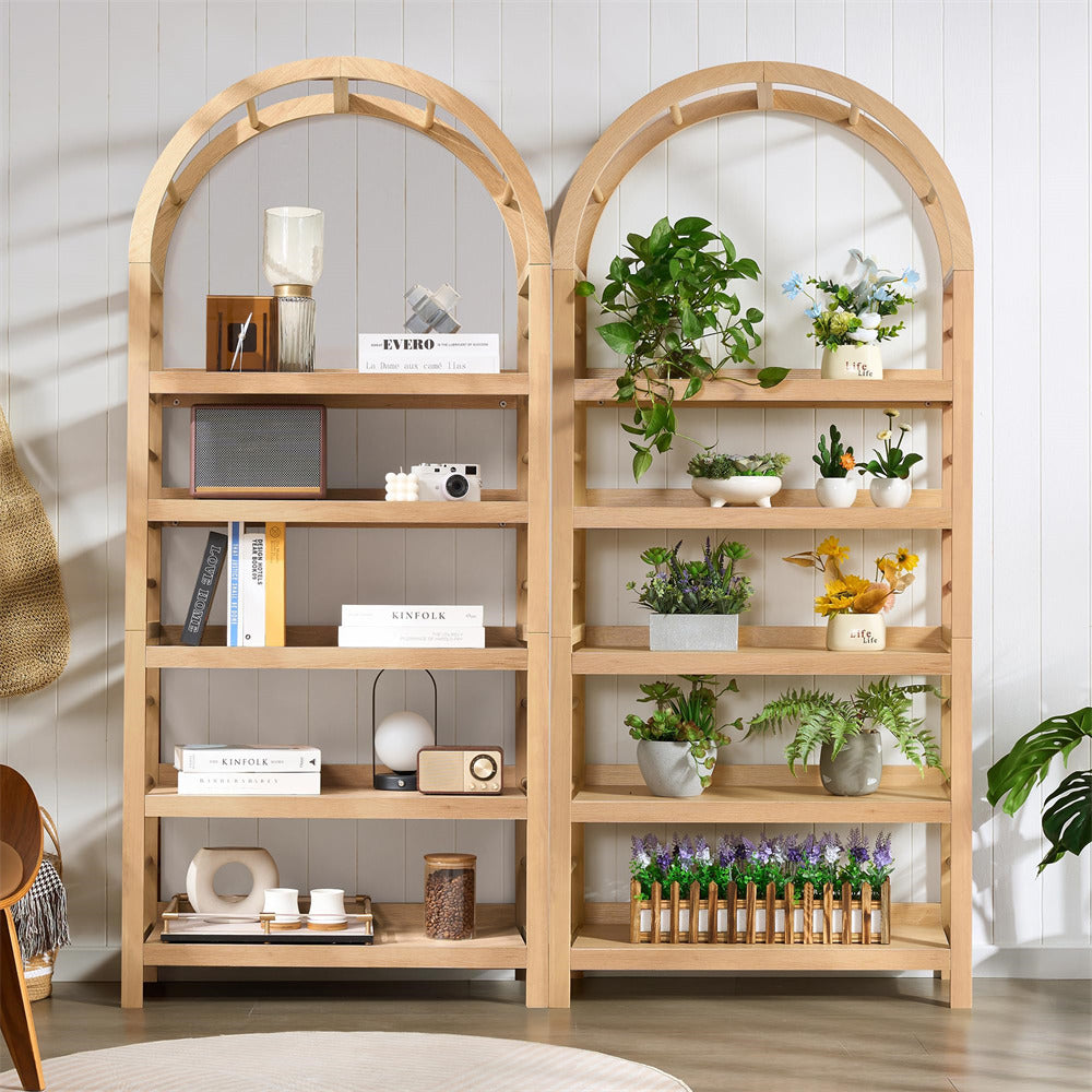Wooden bookshelf with decorative items against a white wall