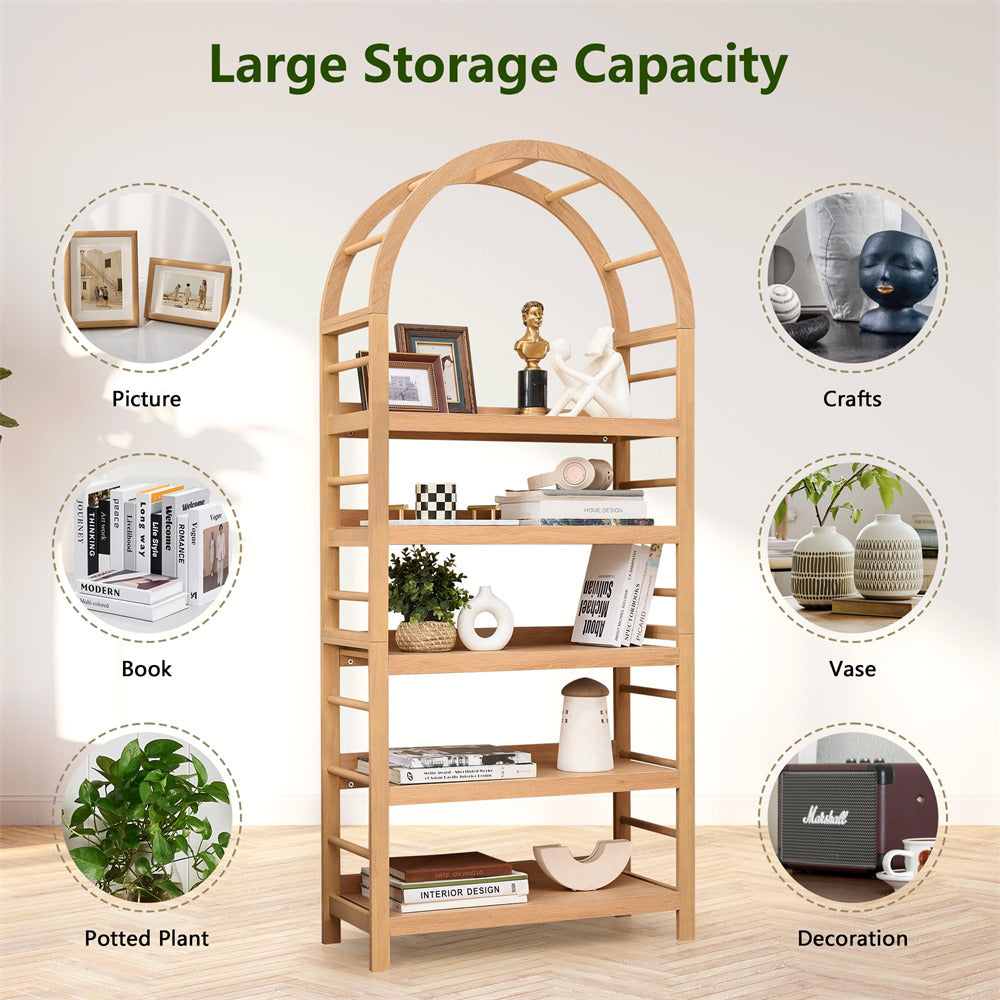 Wooden bookshelf with various items on it, labeled for different storage purposes.