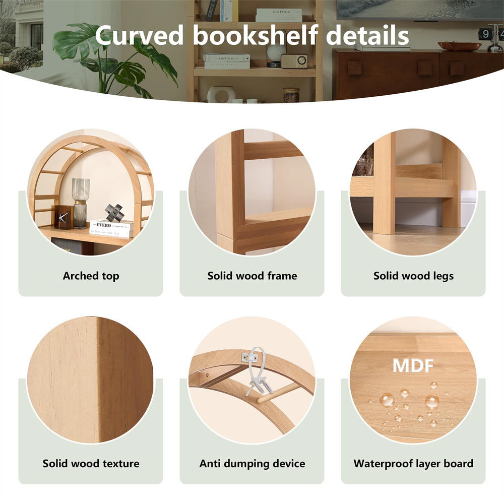 Curved bookshelf details with various components highlighted.