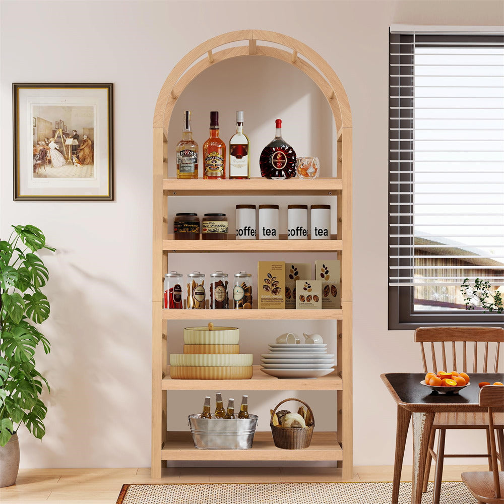 Wooden bookshelf with various items in a room with a window and plant