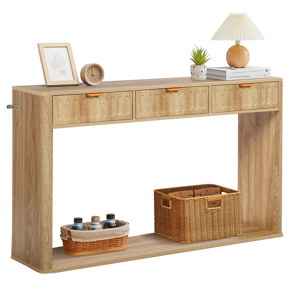 Natural 51.18" Mid Century Farmhouse Console Table with Storage and 3 Drawers