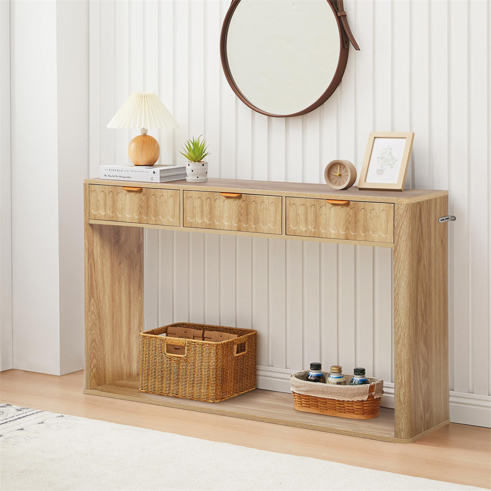 Natural 51.18" Mid Century Farmhouse Console Table with Storage and 3 Drawers