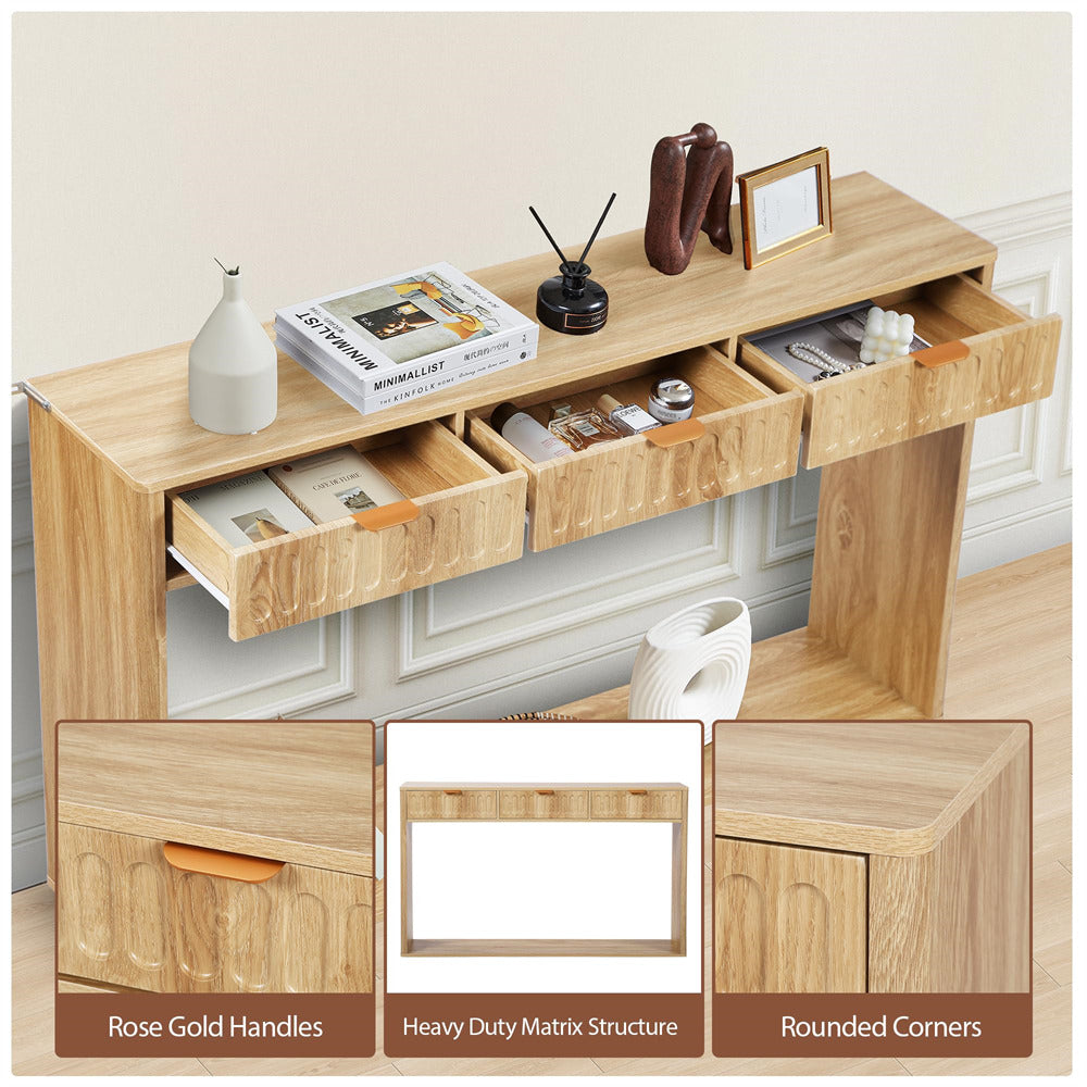 Natural 51.18" Mid Century Farmhouse Console Table with Storage and 3 Drawers