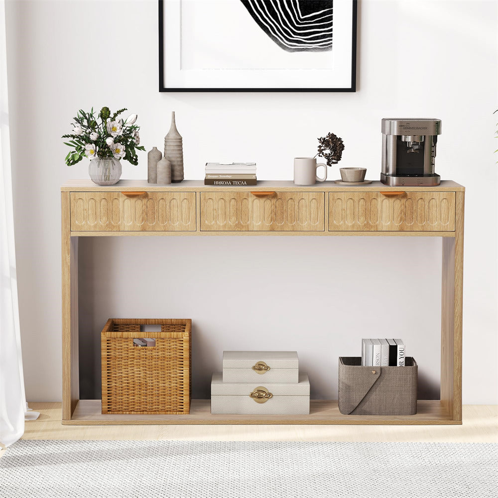 Natural 51.18" Mid Century Farmhouse Console Table with Storage and 3 Drawers