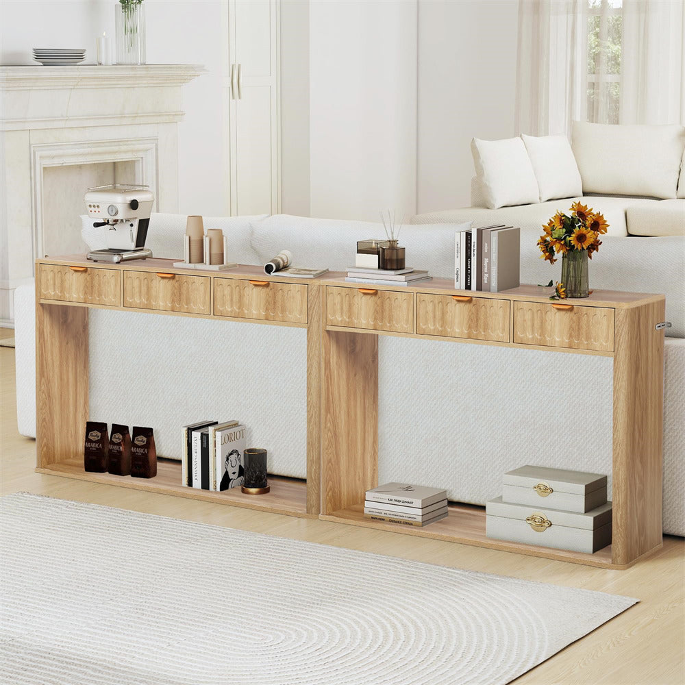 Natural 51.18" Mid Century Farmhouse Console Table with Storage and 3 Drawers