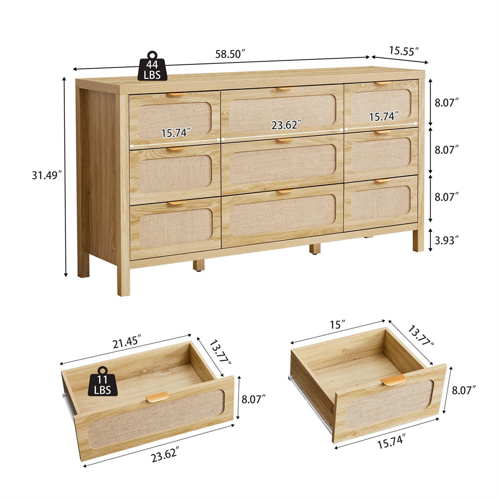 Wooden dresser with dimensions and weight labels on a white background